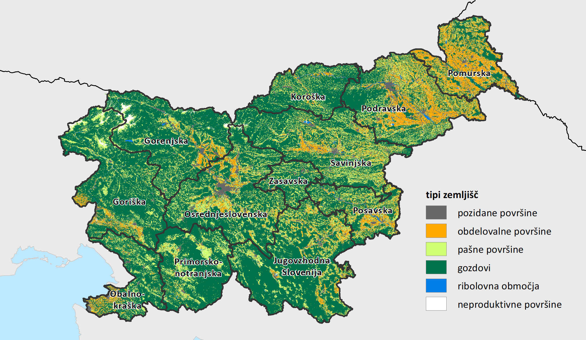 Slika 3. Pokrovnost Slovenije glede na biokapaciteto tipa zemljišča, statistične regije, 2011-2016 (ribolovna območja ne vključujejo morskega ribolova) Vir: Technical report: Ecological footprint of 12 statistical regions in Slovenia. Prepared by Global Footprint Network, 2020.