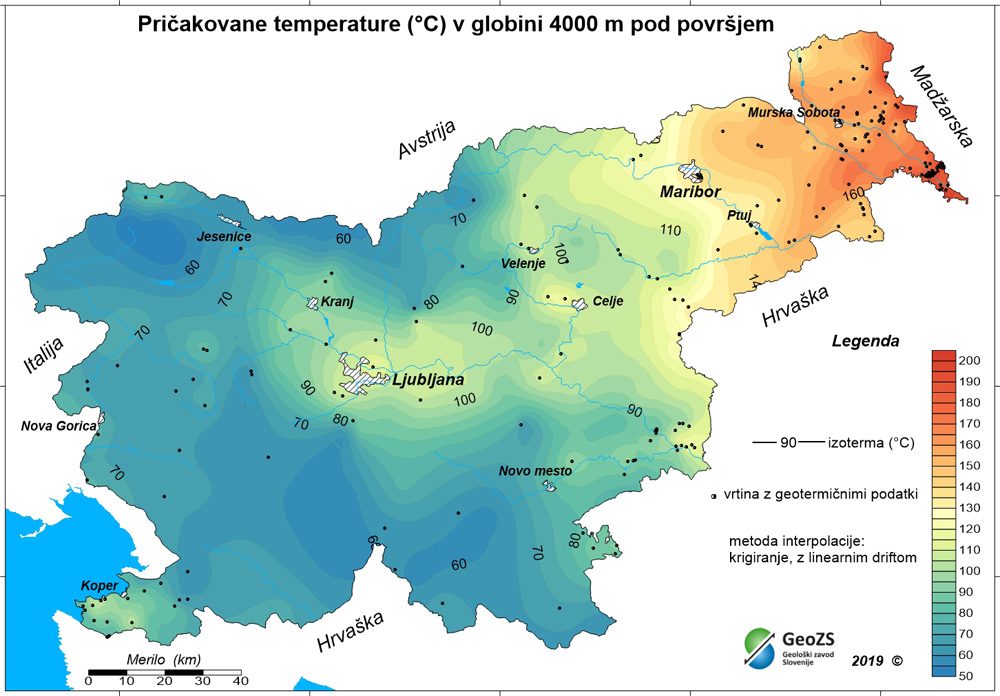 imulirane temperature na globini 4 km kažejo največji geotermični potencial v okolici Lendave