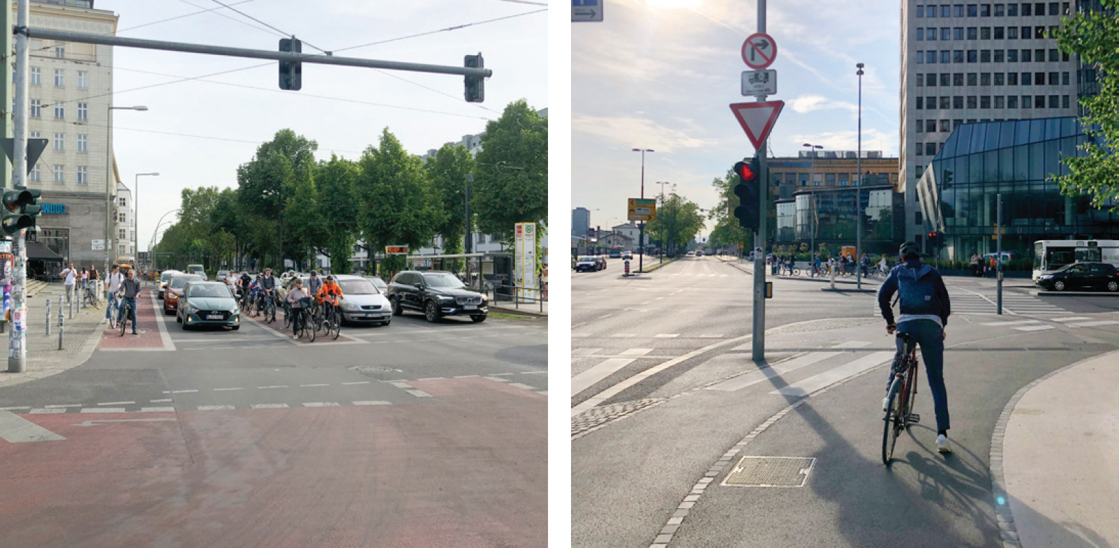 Slika 4: Pri spodbujanju uporabe kolesa v mestu je ključna varna kolesarska infrastruktura, ki omogoča hitro premagovanje razdalj. Kolesarske steze v Berlinu postavljajo kolesarje v vidno polje voznikov osebnih avtomobilov (levo). V Ljubljani so kolesarji čez križišče najpogosteje vodeni preko vijug oz. pentelj, kar povečuje možnost za nastanek nesreč (desno). Avtor fotografij: Kumer, 2022