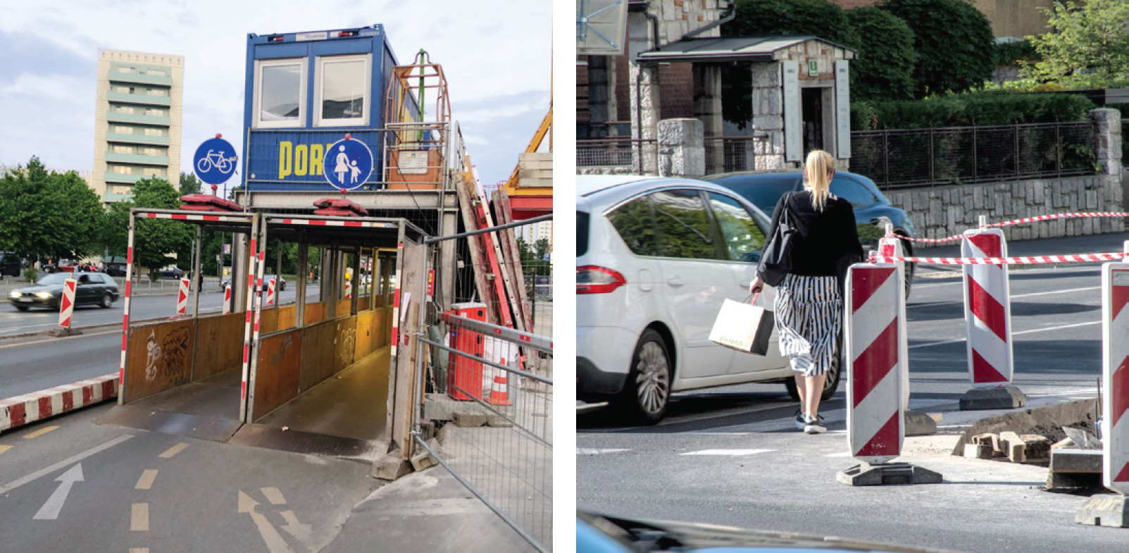 Slika 5: Nadomestna varna pot za kolesarje in pešce v času gradbenih del v Berlinu (levo). Gradbišče brez nadomestnih varnih poti za kolesarje in pešce v Ljubljani (desno). Avtorja fotografij: Koblar, 2022 (levo) in Kumer, 2022 (desno).