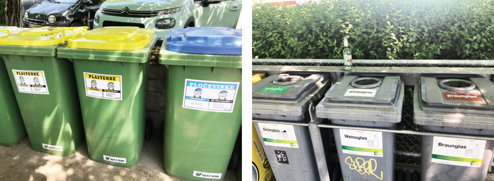 Slika 6: V občini Sežana poleg zabojnika za embalažo posebej zbirajo plastenke in pločevinke (levo), kar močno poveča delež reciklabilnosti odpadkov. V švicarskem Zürichu iz enakega razloga posebej zbirajo tudi stekleno embalažo zelene, bele in rjave barve (desno). Avtor fotografij: Kumer, 2022