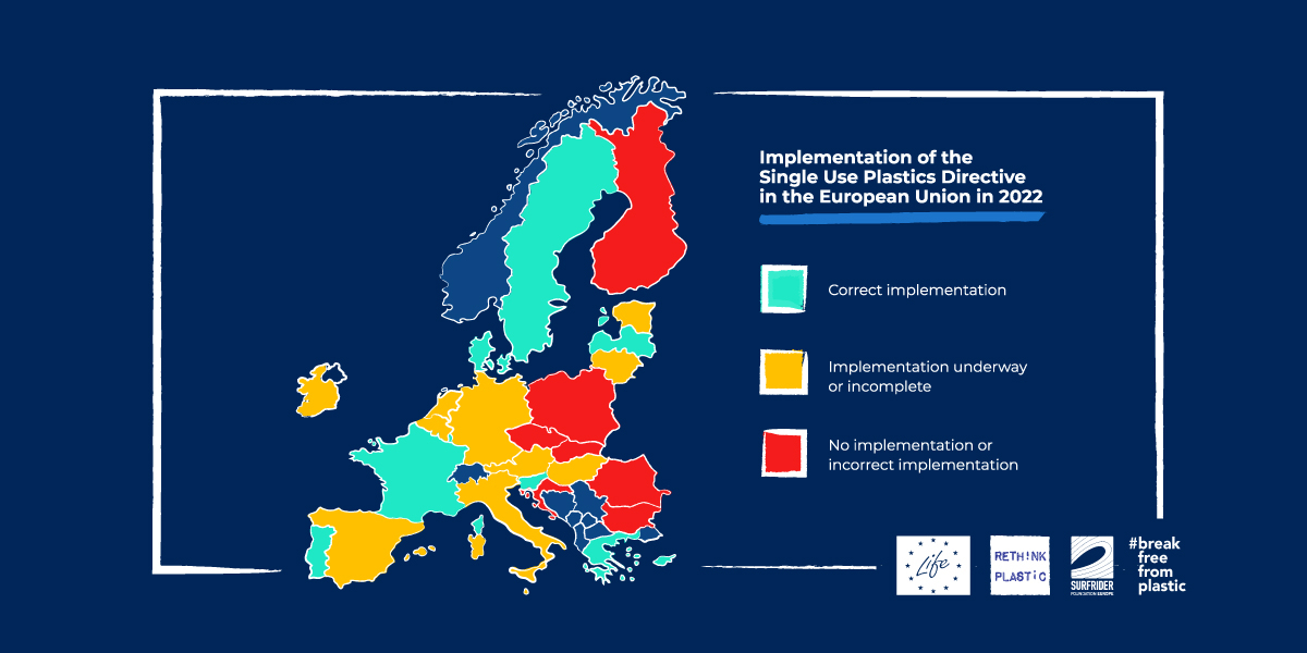 Zemljevid prikazuje vrzel v ambicijah med najuspešnejšimi, ki vodijo prehod (označeno z zeleno), in državami, ki zaostajajo pri izvajanju ukrepov EU za omejitev plastike za enkratno uporabo (v oranžni in rdeči barvi).