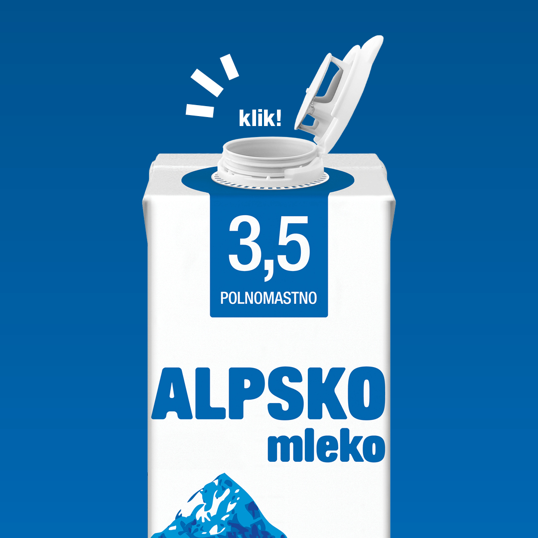 Nov pritrjeni pokrovček Alpskega mleka.