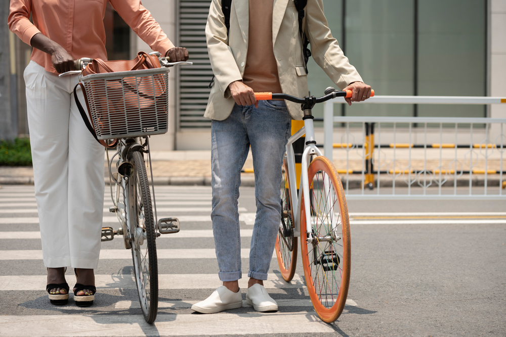 people going work bicycle front view