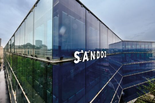 Print Sandoz logo closeup at Basel headquarters building