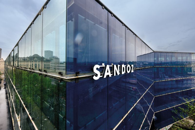 Print Sandoz logo closeup at Basel headquarters building